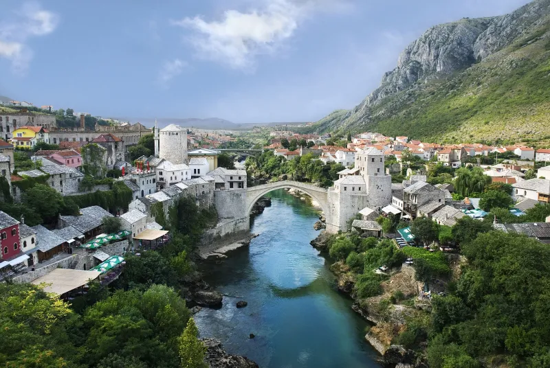 Old Town and Stari Most bridge over the Neretva in Mostar